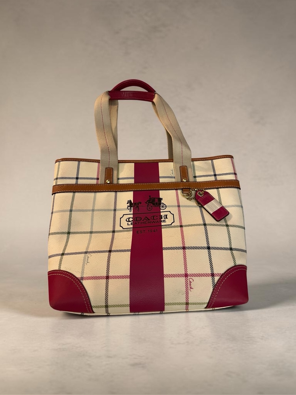 Vintage COACH Heritage Stripe Tattersall Plaid Tote Bag Magenta
